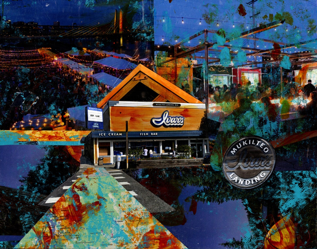 Fish Restaurant Art Print, Seattle Mixed Media Collage, Seafood Art