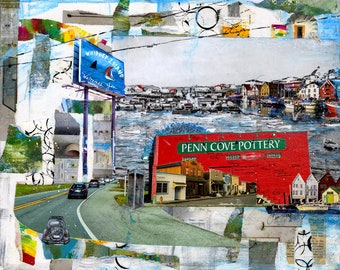 WHIDBEY ISLAND ART Print | Coupeville Pottery Studio | Coastal Mixed Media Artwork | Pacific Northwest | Harbor Boats Seaside Town