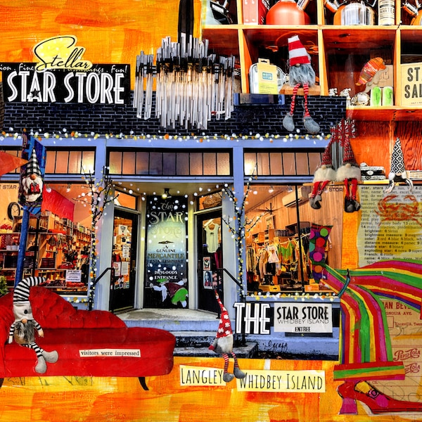 Whidbey Island Print, Star Store Art,  Fashion Style Décor, Funky Store Art, Gnomes, Star, Eclectic Mixed Media Art, Langley Washington Art