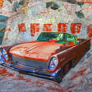 Car Art Print | Auto Car Art | Gift for Dad | Orange Convertible Seattle Painting | Man Cave Garage Gift | Classic Car Mixed Media Collage