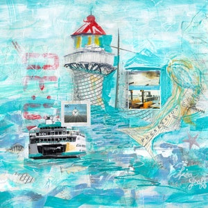 MUKILTEO LIGHTHOUSE PRINT  |  Whidbey Island Ferry Painting | Seaside Puget Sound Art | Ferry Boat Mixed Media | Nautical Beach Print