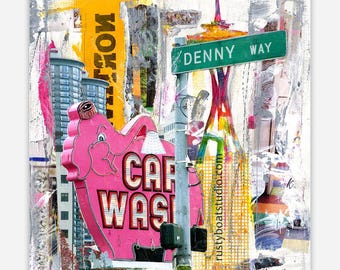 Pink Elephant Denny Way - Sticker, Seattle Car Wash Space Needle Artwork
