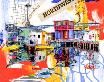LAKE UNION MARINA Art Print | by Gasworks Park | Abstract Blue Orange Art | Seattle Space Needle Painting | Nautical Contemporary Art Print