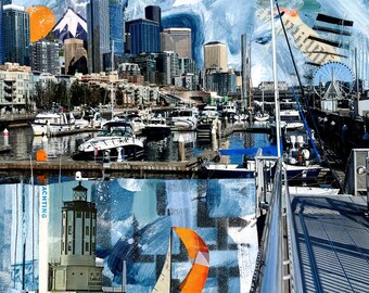 Seattle Waterfront Marina Boat Print | Bell Harbor Marina PNW Collage