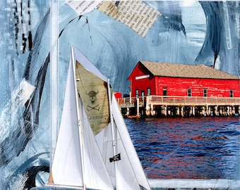 Coupeville Wharf III - A paper print of my original mixed media collage painting and photography.  Pirate sailboat on Whidbey Island.