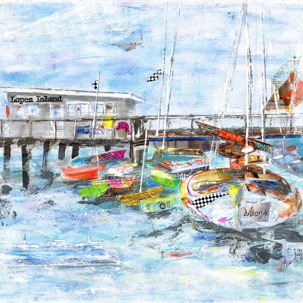 SAN JUAN ISLANDS Print | Lopez Island Marina | Coastal Beach Wall Art | Fisherman Bay | Mixed Media Boat Painting