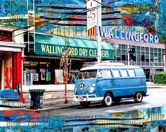 Seattle Wallingford Bus Print | PNW Mixed Media Art | Bus Van Art | Pacific Northwest Poster