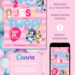 Editable Pink Bluey Second Birthday Invitation