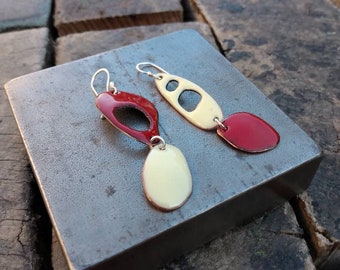 Cream and deep red, contemporary earrings, funky, mismatched, modern, statement handmade jewellery. Recycled copper.
