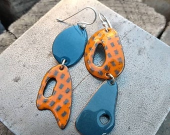 Grey and orange contemporary earrings, funky, mismatched, modern, statement handmade jewellery. Recycled copper.
