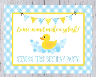 May include: A blue and yellow gingham patterned invitation with a yellow rubber ducky in a tub of bubbles. The text reads "Come in and make a splash! Steven's First Birthday Party!"