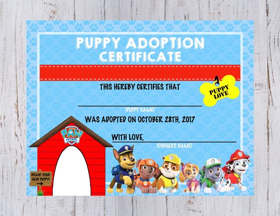Paw Patrol Puppy Adoption Certificate | Etsy