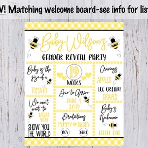 May include: A gender reveal party sign with a yellow and white checkered background. The sign features a bee theme with a bee illustration and the text "Baby Wilson's Gender Reveal Party". The sign also includes information about the baby's size, due date, cravings, and predictions.
