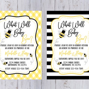 May include: Two gender reveal party invitations with a yellow and black gingham pattern and black and white stripes. The invitations feature a bee illustration and the text "What Will Baby Bee?" with details about the party, including the date, time, location, and RSVP information.