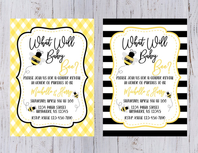 May include: Two gender reveal party invitations with a yellow and black gingham pattern and black and white stripes. The invitations feature a bee illustration and the text "What Will Baby Bee?" with details about the party, including the date, time, location, and RSVP information.