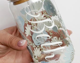 Hand Painted Personalised Glass Tumbler with Straw | Floral Birthday Gift