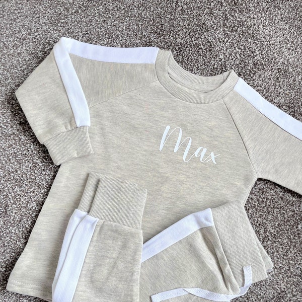 Personalised Tracksuit with Side and Chest Stripe Detail. Perfect for Children and Toddlers.  Black, Grey, Ecru Cream, Peach and Blue.