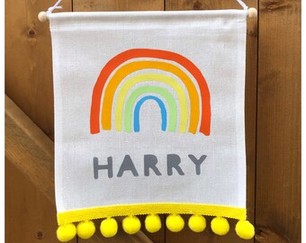 Personalised RAINBOW Bedroom Decor Banner/Flag Hanging Canvas with blue/pink/lilac Pom poms for Childs room or Nursery - printed vinyl/htv