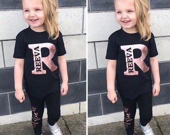 Matching PERSONALISED T-SHIRT & LEGGING set for Toddler Girls/Boys in black grey or white and rose gold metallic foil Cotton