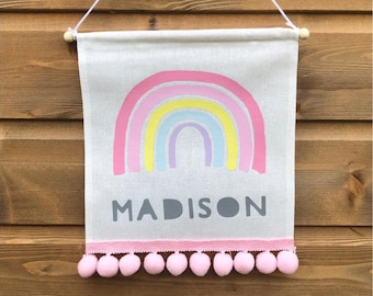 Personalised Pastel RAINBOW Bedroom Decor Banner/Flag Hanging Canvas with pink/lilac Pom poms for Childs room or Nursery - printed vinyl/htv