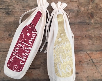 Glitter Wine Bags that can be personalised. Prosecco, wine, champagne, merry christmas.