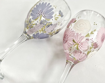 Hand Painted Personalised Wine Glass | Floral Wedding Gift