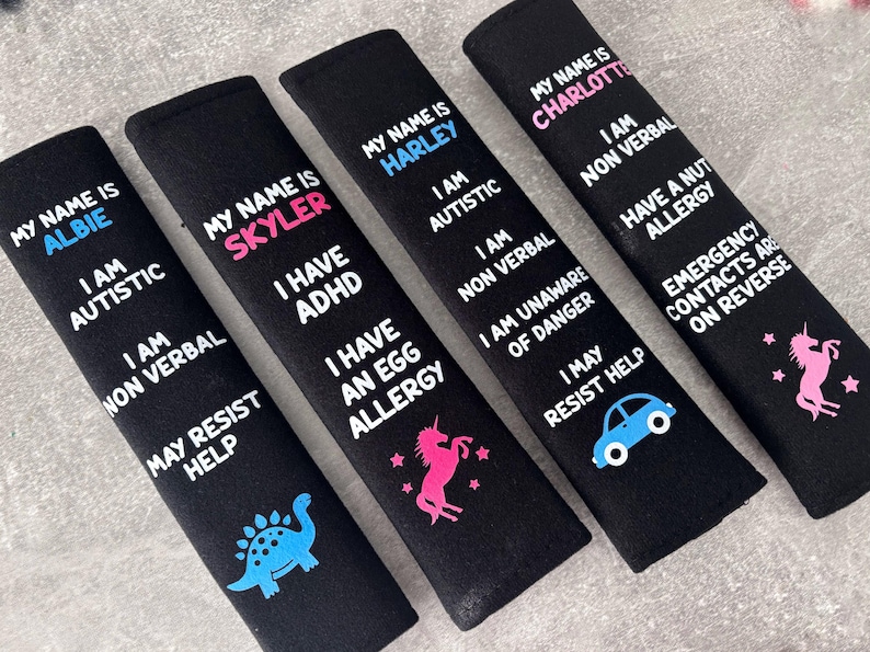 Personalised Children’s Medical Alert Seatbelt Cover: Custom Text and Icon for Autism, Deaf, Blind, Allergy Awareness image 2