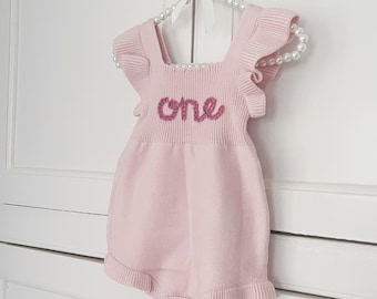 Bespoke Personalised Knitted Frill Romper | Name Jumper | Keepsake Birthday Outfit | Hand Stitched