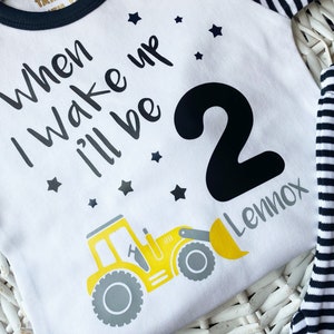 Personalised Birthday Eve When I Wake Up Boys Digger/Tractor and Farmyard Themed. Long Sleeve Red Striped for Sleepovers image 1