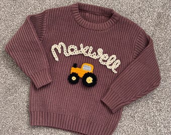 Personalised Tractor Knitted Baby Jumper: Hand-Stitched Name Keepsake