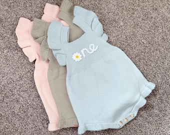 Bespoke Personalised Daisy Knitted Frill Romper | Name Jumper | Keepsake Birthday Outfit | Hand Stitched