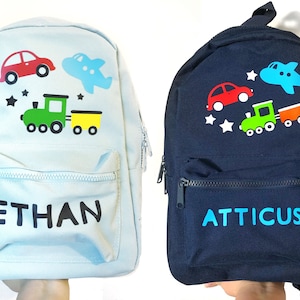 Personalised Train, Plane, Car Boys Kids School Mini Backpack/Rucksack - Navy, Black, White, Grey or Baby Blue. Bright for Travel or Nursery