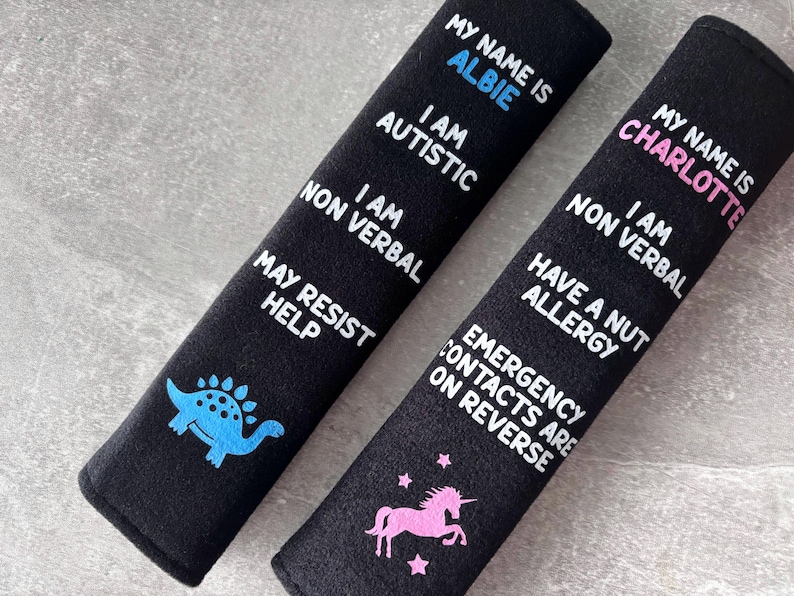 Medical Alert Personalised Car SeatBelt Covers Kids/ Adults | Autism ADHD Deaf Hearing Impaired Diabetic | SEN Safety Tool | ICE Emergency
