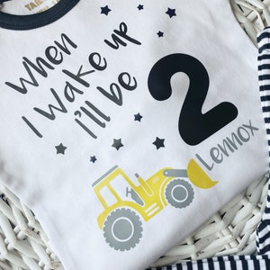 Personalised Birthday Eve When I Wake Up Boys Digger/Tractor and Farmyard Themed. Long Sleeve Red Striped for Sleepovers image 4