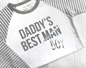 Daddy’s Best Man/Boy Wedding Eve Pyjamas. Raglan Blue Boys PJs with charcoal glitter detail. Cotton Stripy/striped for son/page boy.