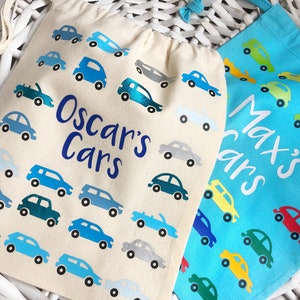 Personalised Rainbow Brightly Coloured Toy Car Storage or Pouch - Drawstring Bag in bright colours.