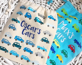 Personalised Rainbow Brightly Coloured Toy Car Storage or Pouch - Drawstring Bag in bright colours.