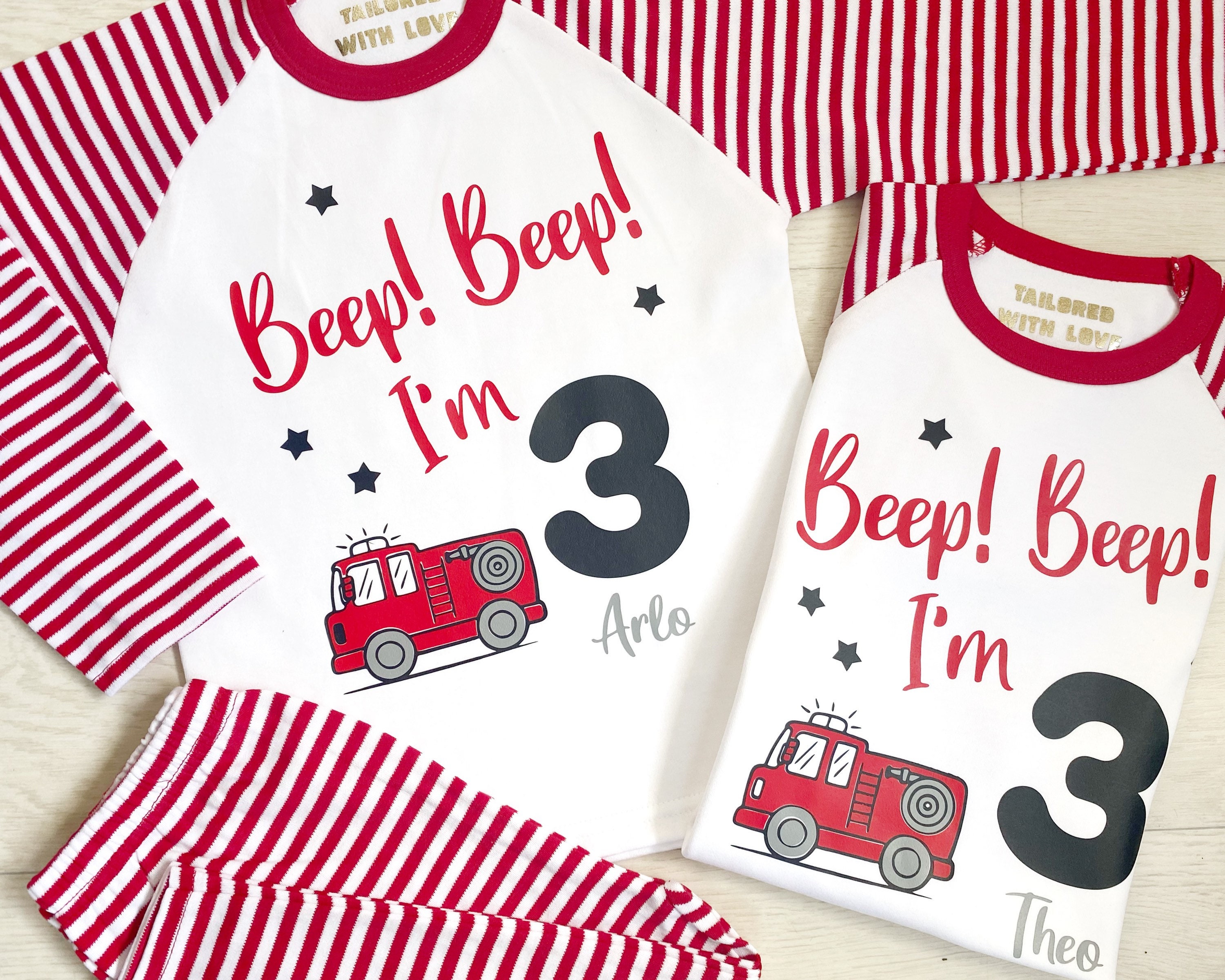 Personalised Fire Engine Themed Birthday Pyjamas. Long Sleeve Red Striped Perfect for Sleepover Party 3rd Birthday or Other Age. Etsy Canada
