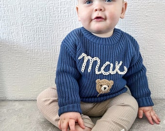 Bespoke Personalised Bear Knitted Jumper | Baby Jumpers | Name Jumper | Keepsake Jumper | Hand Stitched