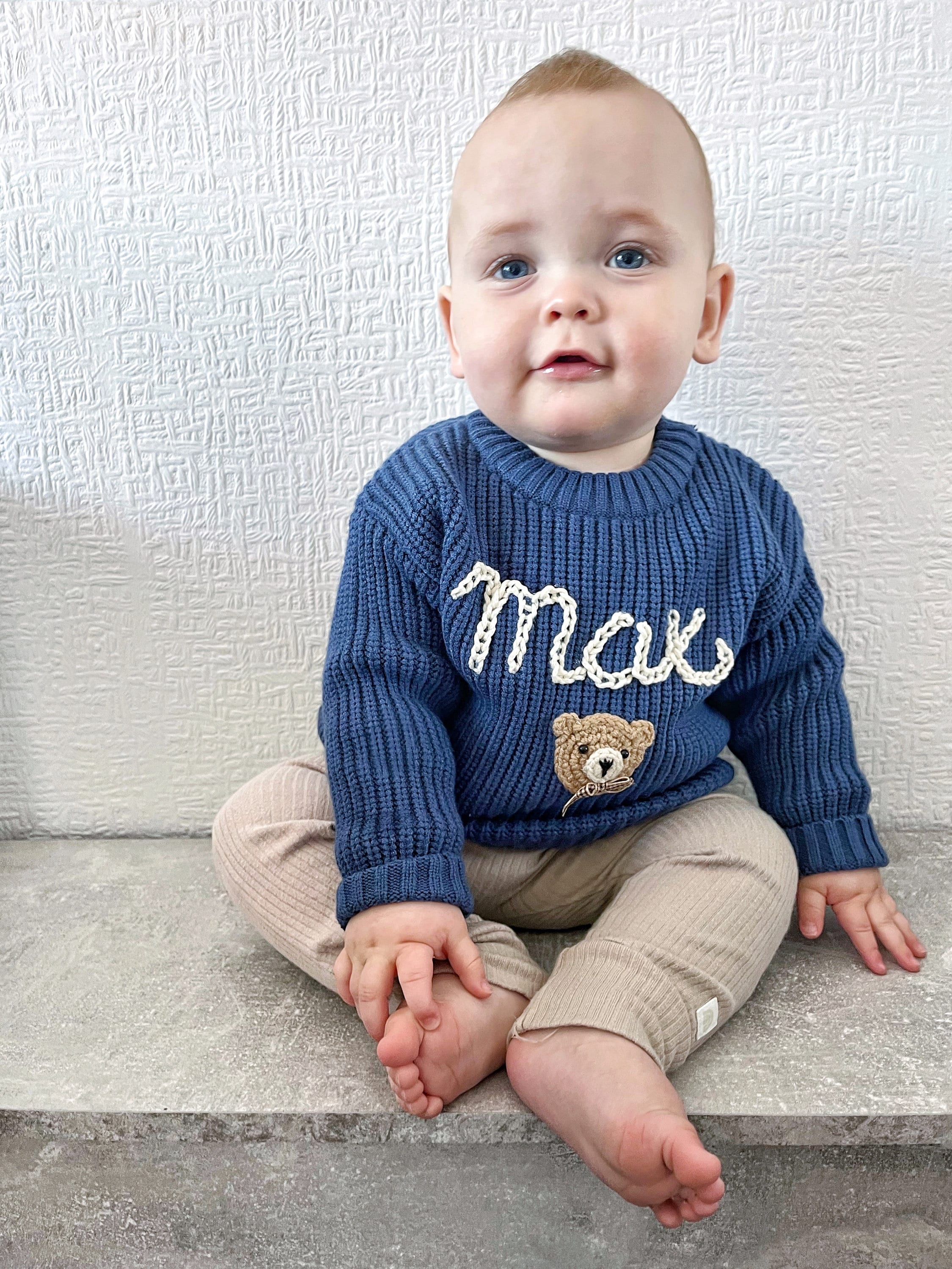 Personalised Bear Knitted Baby Jumper: Hand-Stitched Name Keepsake