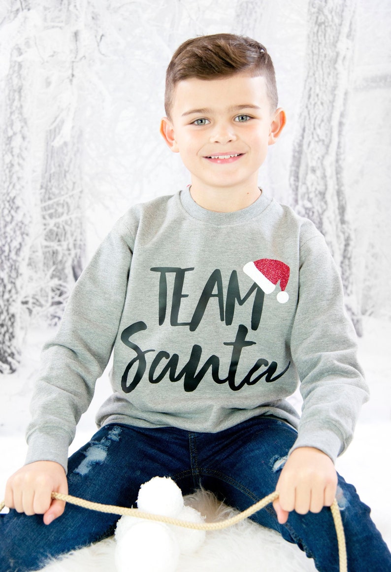 TEAM SANTA and RUDOLF sweatshirts for Baby, Girls, Boys, Unisex. Grey with Glitter. Perfect for Christmas Jumper Day. Can be personalised. 