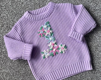 Bespoke Floral Birthday Knitted Jumper | Baby Jumpers | Name Jumper | Keepsake Jumper | Hand Stitched