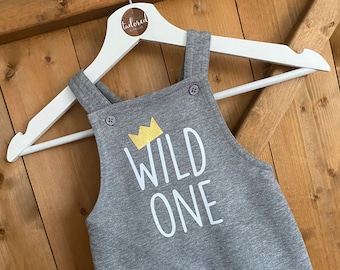 Wild One Birthday Dungarees! Black, Khaki, Grey or Pink Outfit. Perfect for a boys or girls 1st Birthday Party. Gold Crown htv detail.