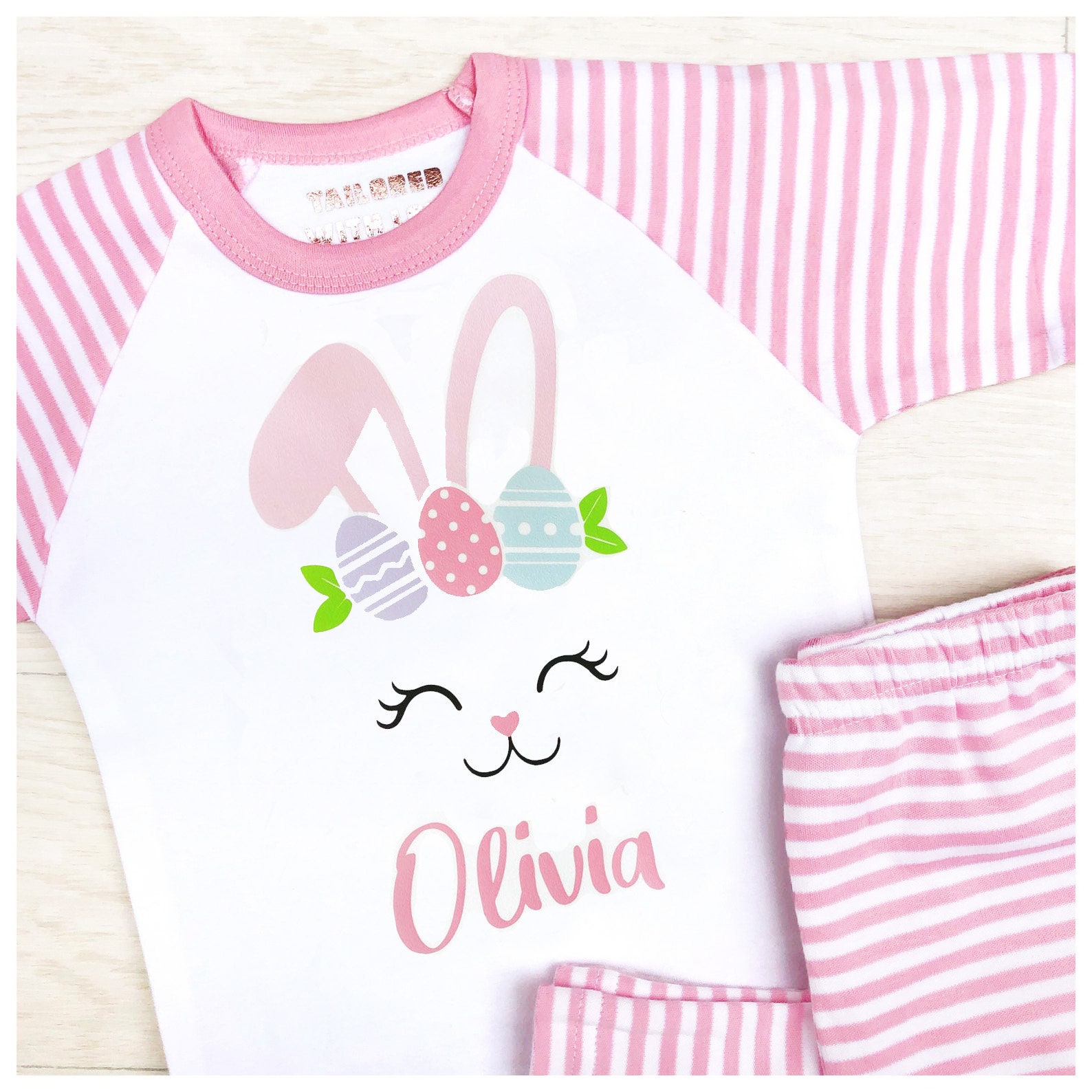 Personalised Easter Bunny Pyjamas. Raglan Pink Striped Pjs With Pastel Detail. Cotton Egg Hunt Loungewear Etsy Canada