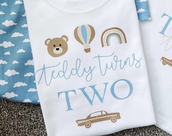Personalised First Birthday T-Shirt: Bear, Hot Air Balloon, Car