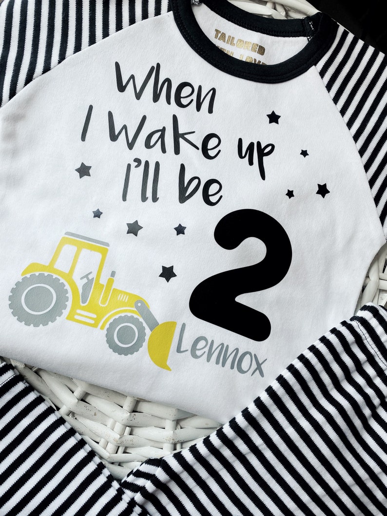 Personalised Birthday Eve When I Wake Up Boys Digger/Tractor and Farmyard Themed. Long Sleeve Red Striped for Sleepovers image 5