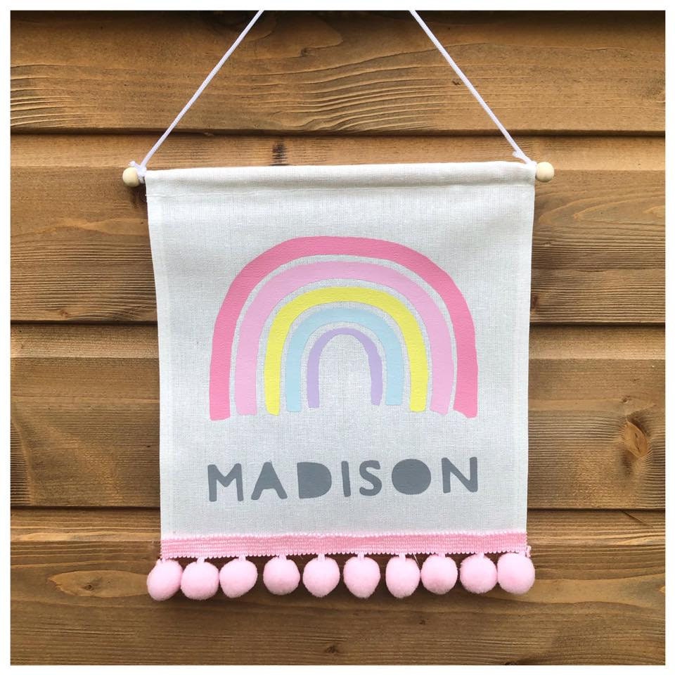Personalised Pastel RAINBOW Bedroom Decor Banner/Flag Hanging Canvas with pink/lilac Pom poms for Childs room or Nursery - printed vinyl/htv