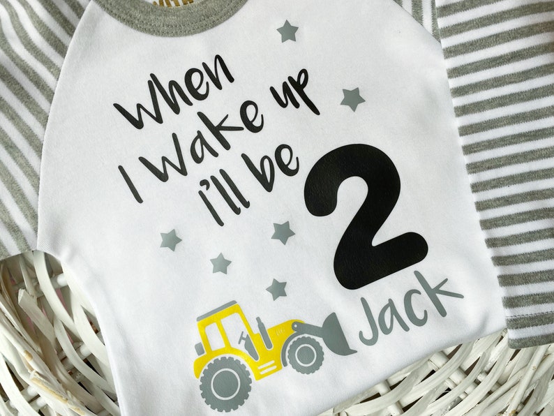 Personalised Birthday Eve When I Wake Up Boys Digger/Tractor and Farmyard Themed. Long Sleeve Red Striped for Sleepovers image 3