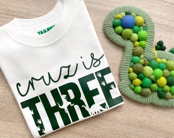 May include: White t-shirt with green text that says "cruz is three" with dinosaur footprints and silhouettes. A green felt dinosaur with green and yellow felt balls is in the background.