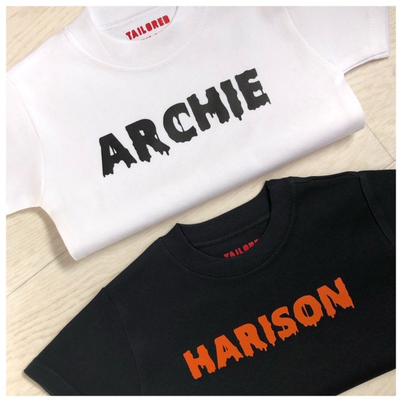 Matte Glitter PERSONALISED spooky Halloween T-Shirt for kidschildren boysgirls Monochrome Colourful